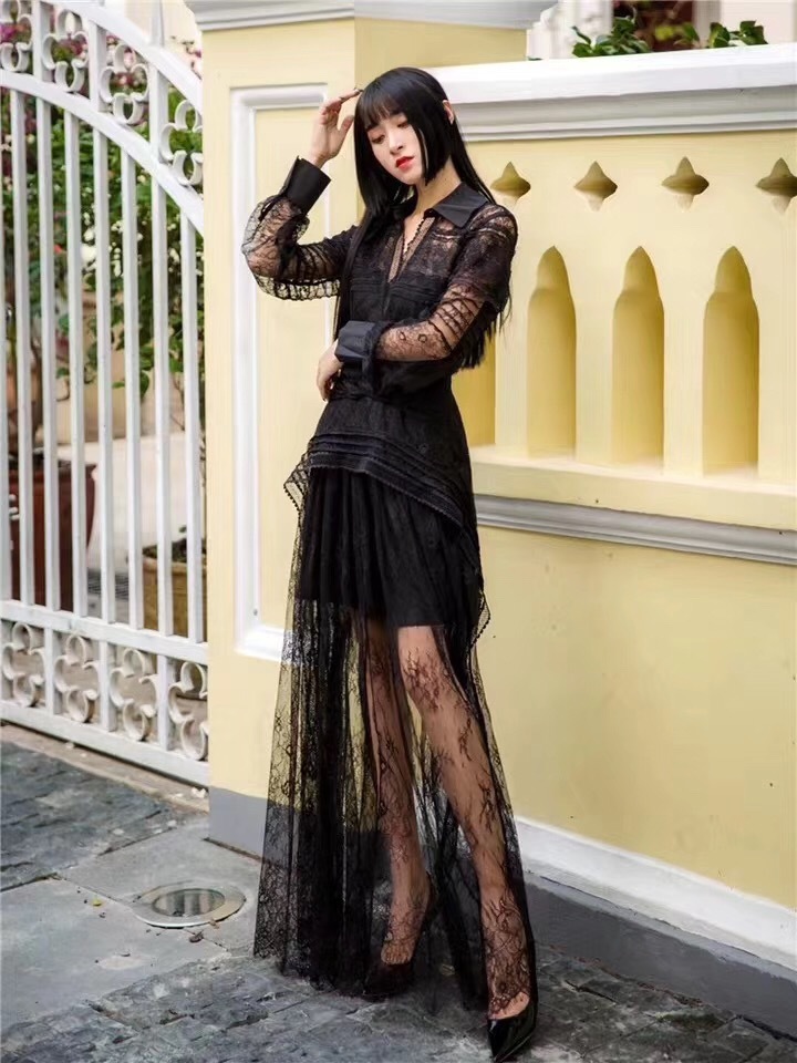 vintage black gothic styleelegant lace maxi dress party dinner hollow out long dresses women vestidos French Paris 210421