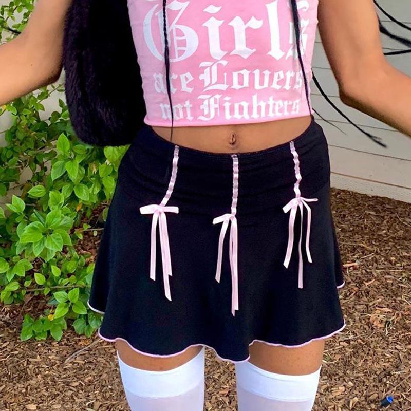 Harajuku Bow Punk Black Mini Skirts Womens Casual High Waisted Short Pleated Skirt Ladies Preppy Style Summer Fashion 2021 Gift