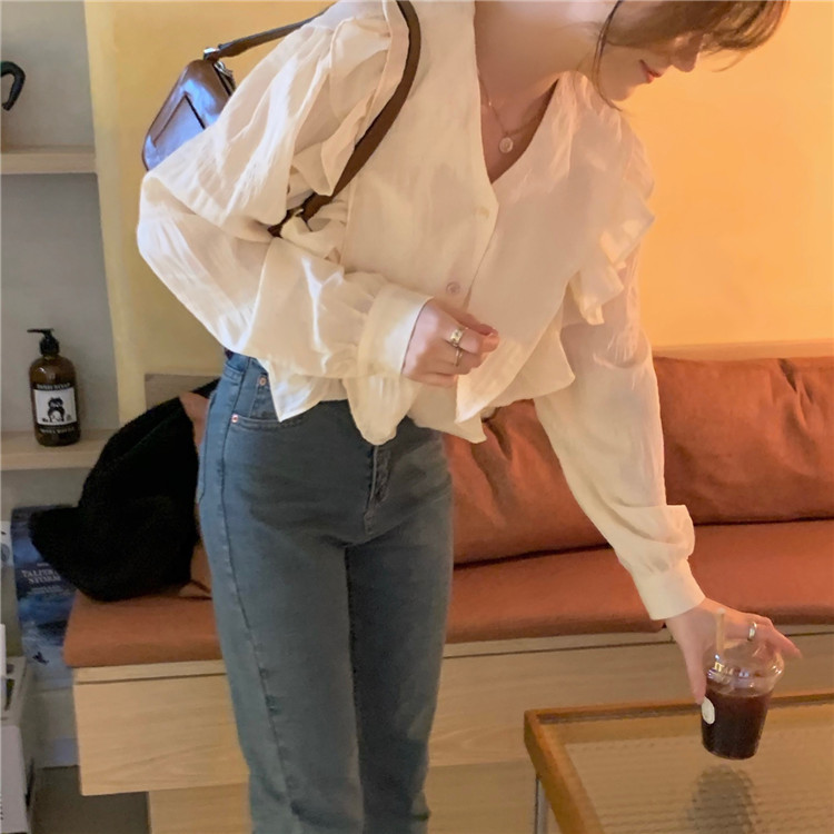 Nomikuma V-neck Ruffle Patchwork Blouse Tops Causal Long Sleeve Women Shirts Spring New Sweet Blusas Feminimos 6E067 210427