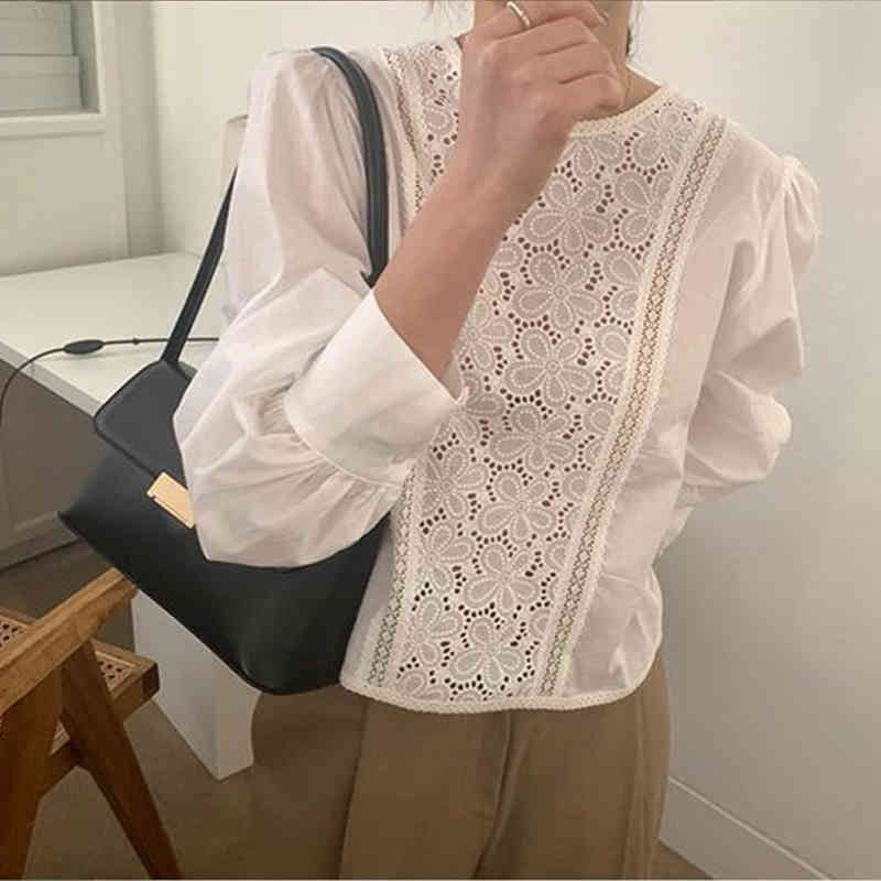 Fashion Hollow Out Lantern Sleeve Female Shirt Office O Neck Floral Women Blouse Spring White Shirts Clothing 13271 210508