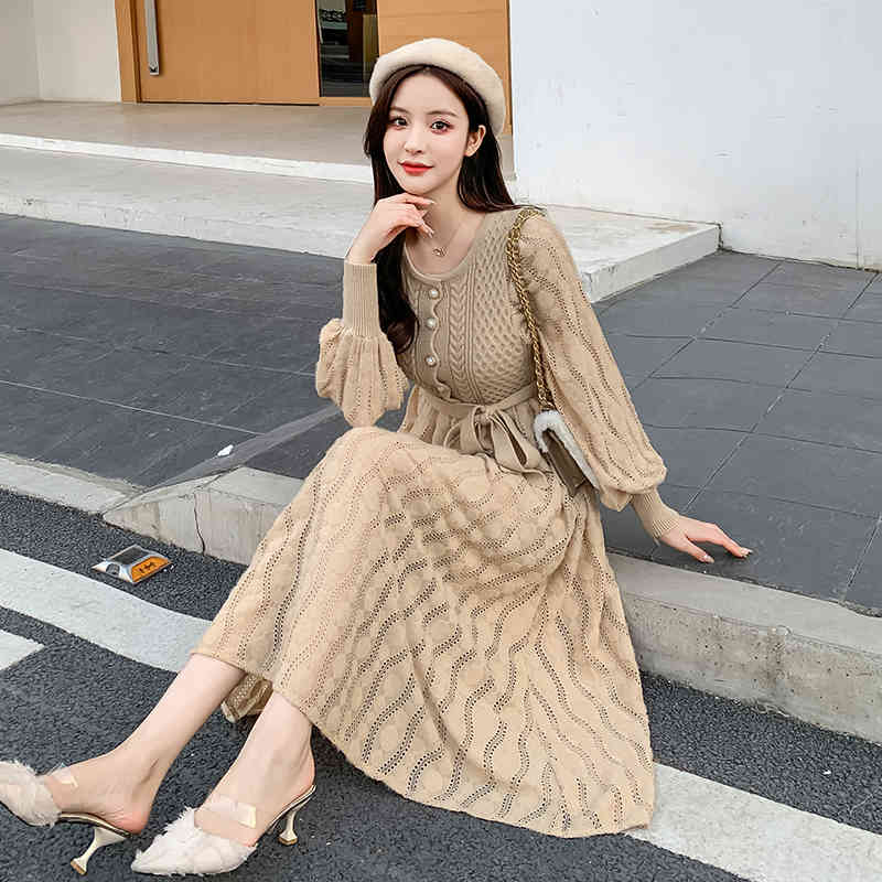 Autumn and Winter Temperament Slim Frenulum Single breasted Thickening Long sleeves Dress Patchwork lace 210506