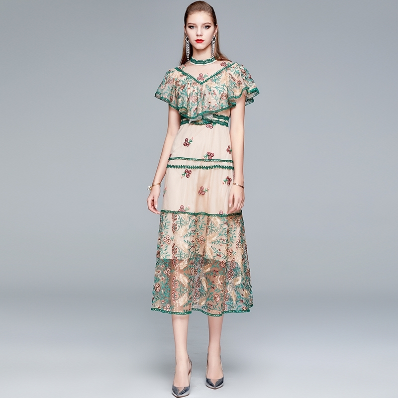 Fashion Runway Summer Dresses Women Short Sleeves Flower Embroidery Ruffle Mesh Midi Party Dress Vestidos 210520