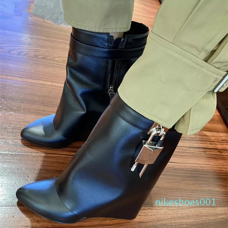Wedges Personality Women Mid Calf Boots Shark Lock Decor Female Fold Over Height Increasing Botas Genuine Leather Mujer Shoes 926 1, Black
Wedges Personality Women Mid Calf Boots Shark Lock Decor Female Fold Over Height Increasing Botas Genuine Leather Mujer Shoes 926 1, Black