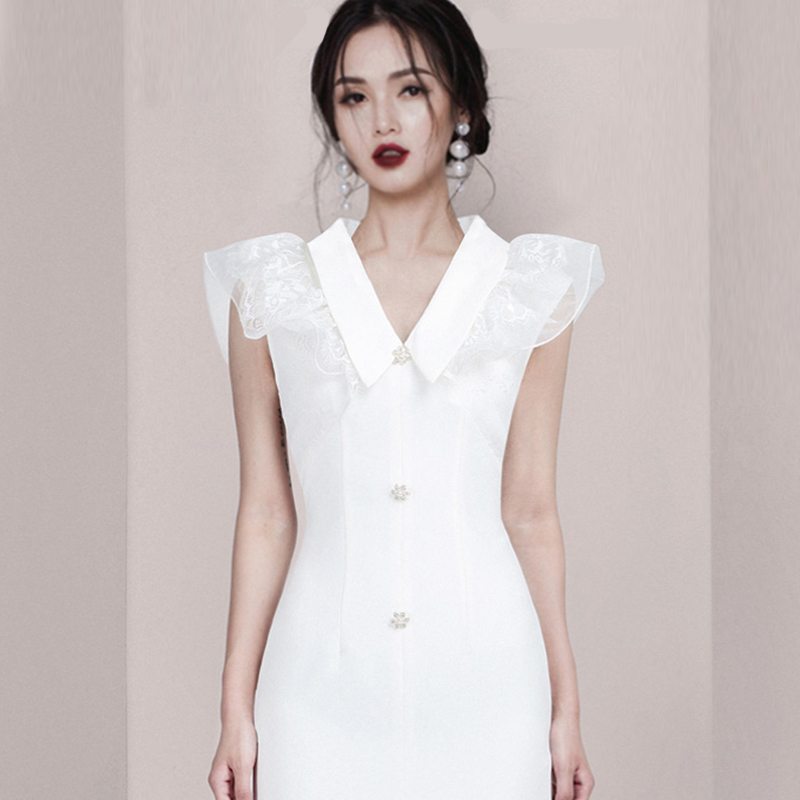 High Quality Fashion Women Office Dress V-neck Ruffles Sleeve Front Slit Party Outwear Sexy Solid White 210506