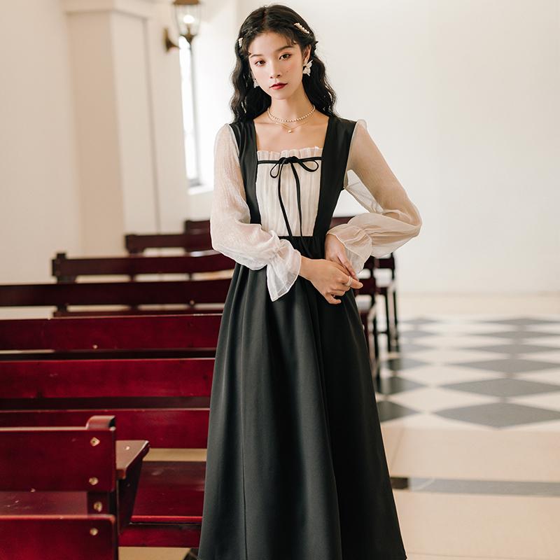 Fashion Women's Clothing Autumn Square Collar Vintage Patchwork Full Mid-Calf Dresses Casual