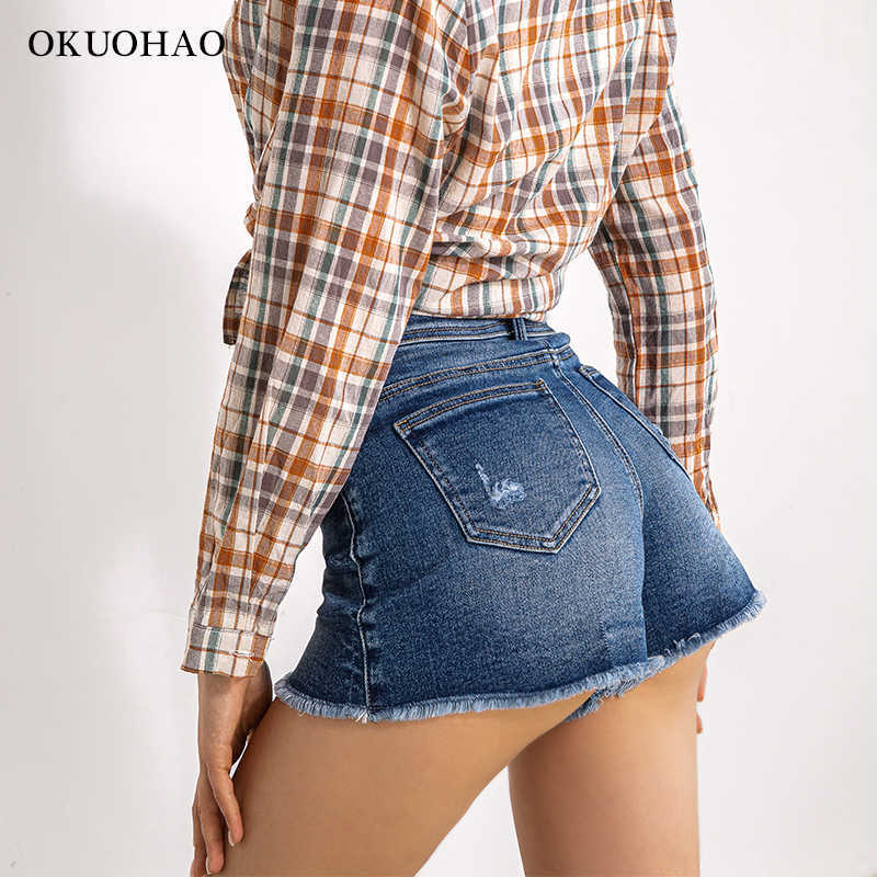 High Waist Denim Shorts For Women Summer Blue Ripped Elastic Jean Short Skinny Casual Female Washed Comfortable Shorts 210611