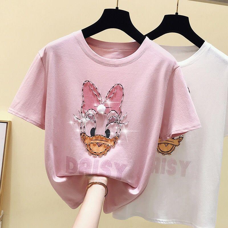 Pure Cotton Short-sleeved Women's T-shirt Summer Beaded Duck Print Top Woman Tshirts, White
Pure Cotton Short-sleeved Women's T-shirt Summer Beaded Duck Print Top Woman Tshirts, White