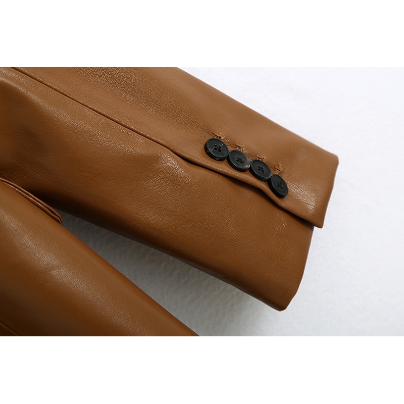 Office Lady PU Two Piece Set For Women Lapel Long Sleeve Blazer High Waist Wide Leg Pants Leather Sets Female Fashion Autumn 210531