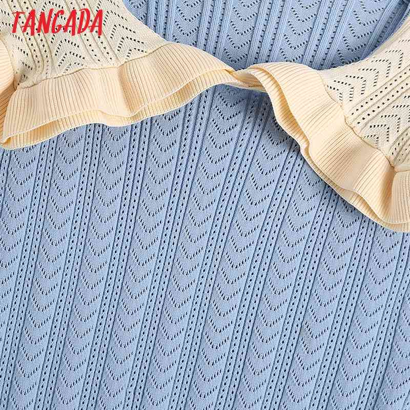 Women Blue Ruffled Cropped Knitted Sweater Patchwork Collar Short Sleeve Female Pullovers Chic Tops BE476 210416