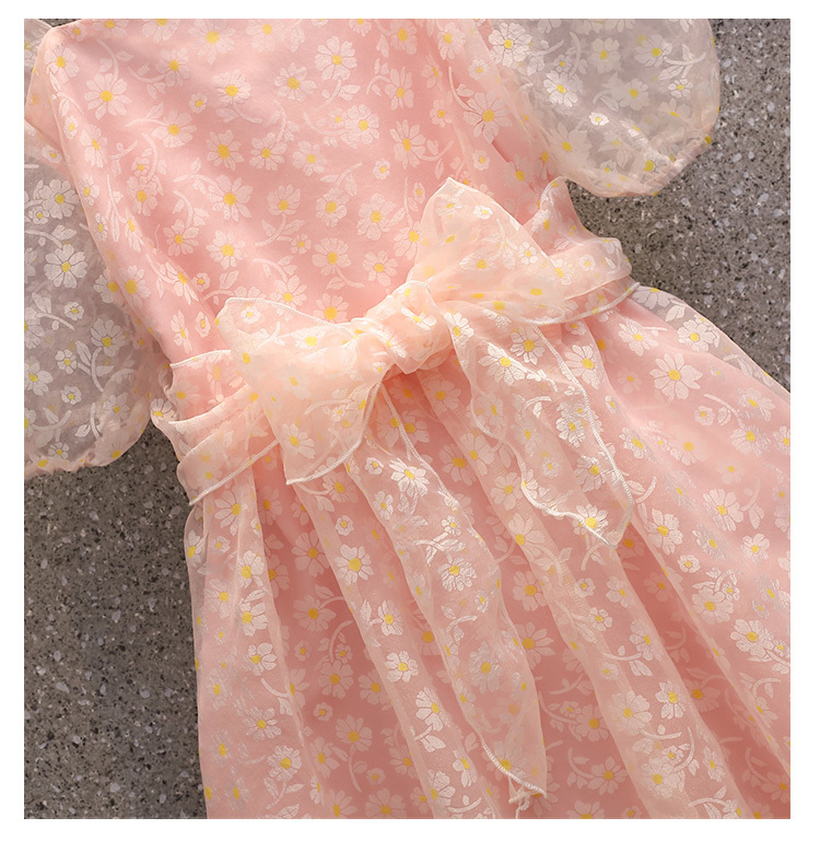 Fashion Summer Women's Sweet Square Collar Flowers Pink Chiffon Dress Slim Puff Sleeve Girls Lace Up Mini Dresses Plus Size 210519