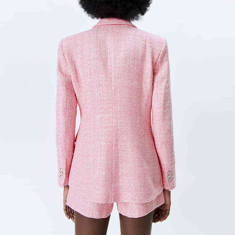 WXWT Za Fashion Women's Set Pink Plaid Tweed Blazer Coat and Shorts Ladies Chic High Street 2 Piece CD8093 211106