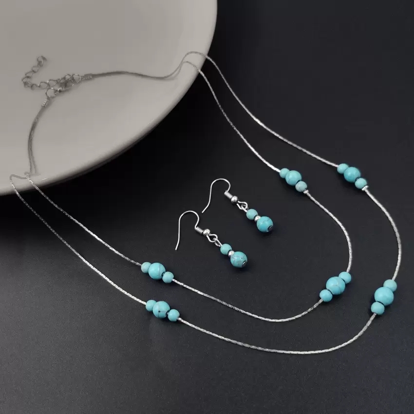 Brand New Vintage Turquoise Jewelry Sets Blue Turquoise Necklace Earring Ring Set Women