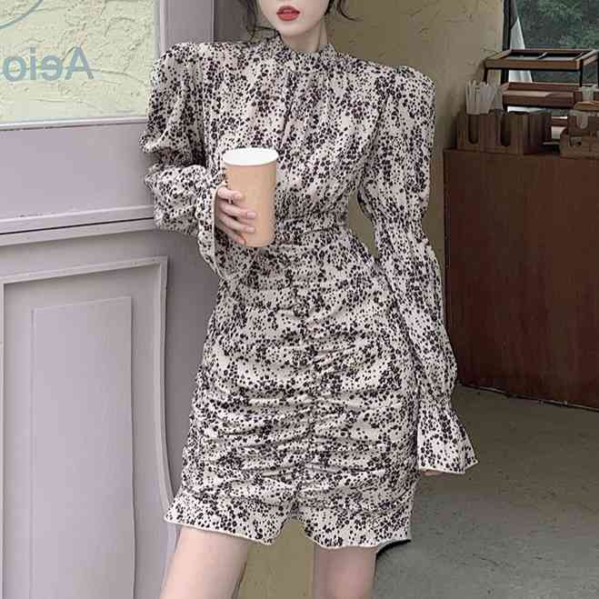 French Retro Pleated Stand Collar Women Chiffon Dress Long Sleeve Floarl Printed Woman Mini Mujer Vestdos Fashion 210514