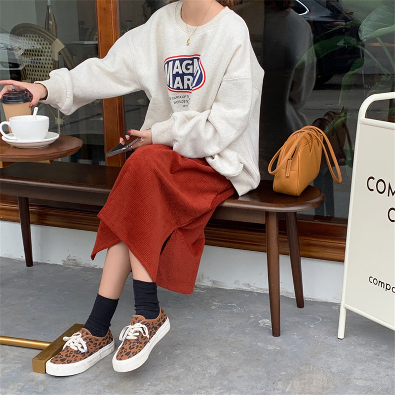 Spring Autumn Elastic High Waist Vintage Split Corduroy Bottoming Skirt Female OL Elegant Solid Long Skirts Womens 210421
