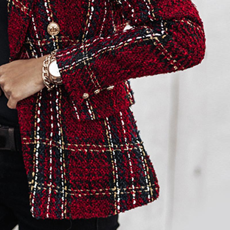 Women's Suits & Blazers Women 2021 Fashion Texture Double Breasted Check Blazer Coat Vintage Long Sleeve Pockets Female Outerwear
