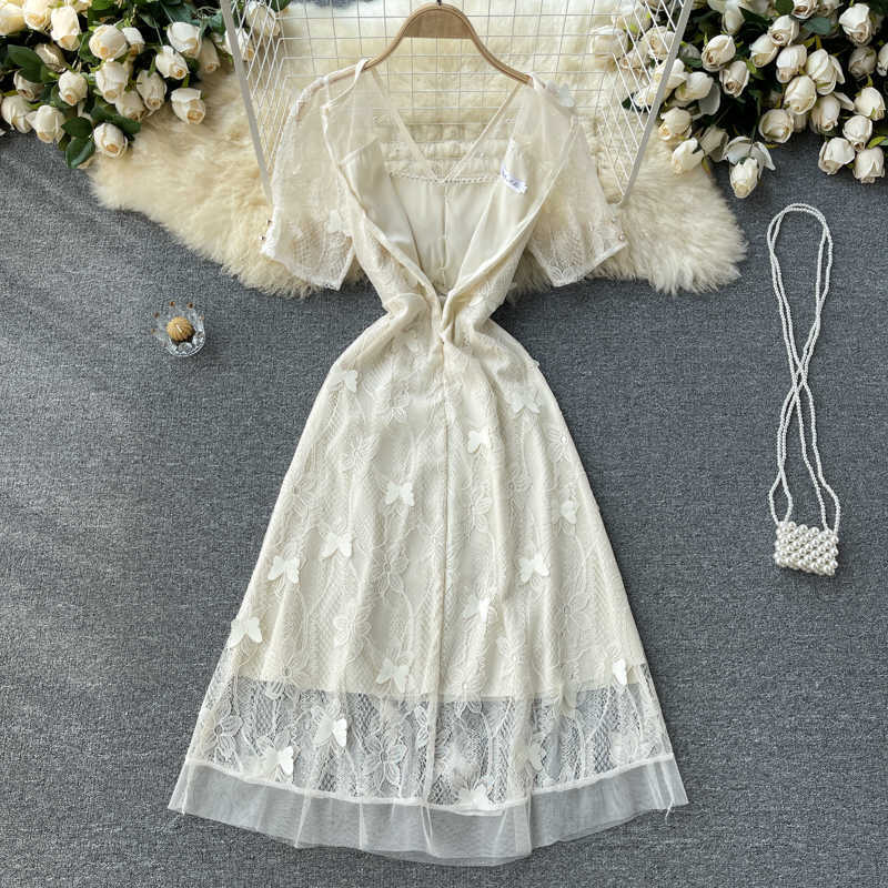 DEAT Women Lace Dress Butterfly Short Sleeve Arrivals Lady Temperament Fashion Spring Summer 11D577 210709