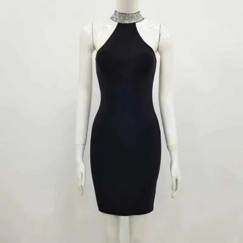 Women'S Sexy Diamond Backless Bandage Dress White Black Sleeveless High Neck Tight Club Celebrity Party 210525