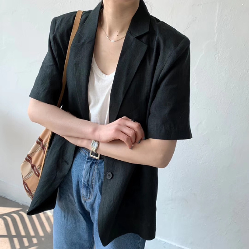 OL Suit Collar Women Blazer Cotton Linen Solid Single Breasted Jacket Autumn Summer Short Sleeve Minimalist Tops 210421