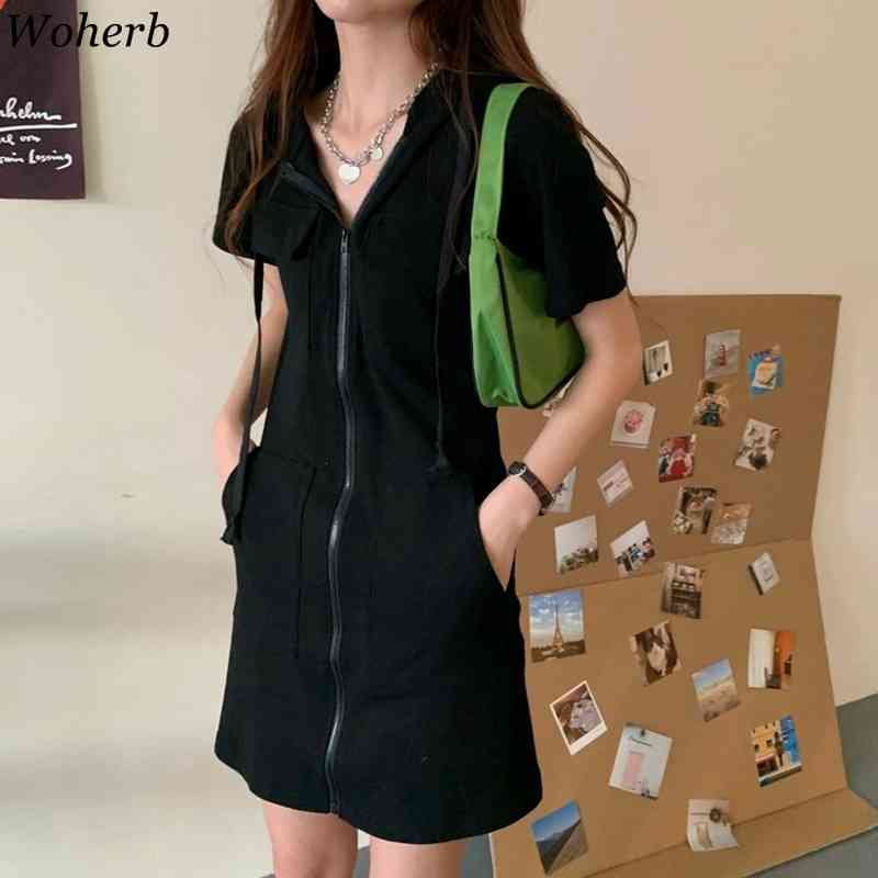 Casual Slim Hooded Sweatshirt Dress Women Mini Robe Cargo Pockets Zipper Dresses Korean Sping Summer Solid Vestidos 210519