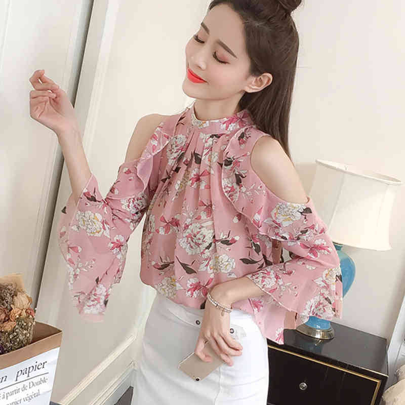 Summer Short-Sleeve Chiffon Shirt Women Casual Floral Pullover Blouse Print Green Pink Lady Off Shoulder Tops 9374 50 210508