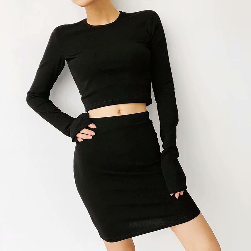 Women Set T-shirt Skirt Sets Long Sleeve Short Tops Sexy Vintage High Waist Wrap Fashion 210524