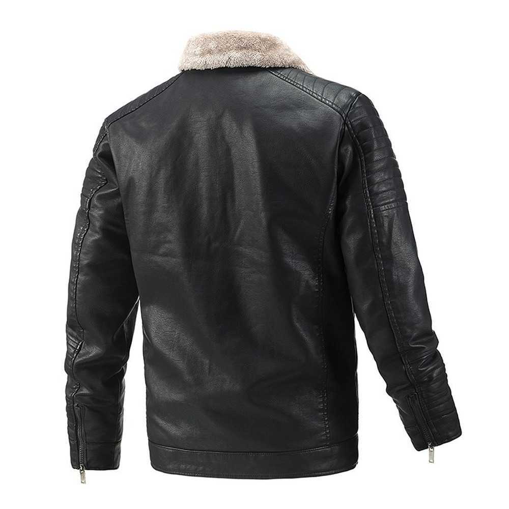 Men Leather Bomber Jacket Turndown Collar Fleece Lined Autumn Winter Jacket Men Motorcycle Jacket Men Biker Coat Slim Skinny 211018