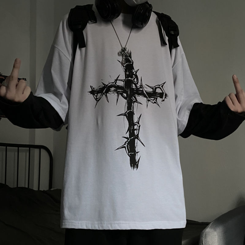 QWEEK Gothic Goth Style Tshirt Mall Goth Tops Punk Japanese Streetwear Fashion Korean Style Long Sleeve Tshirt Oversize 210406
