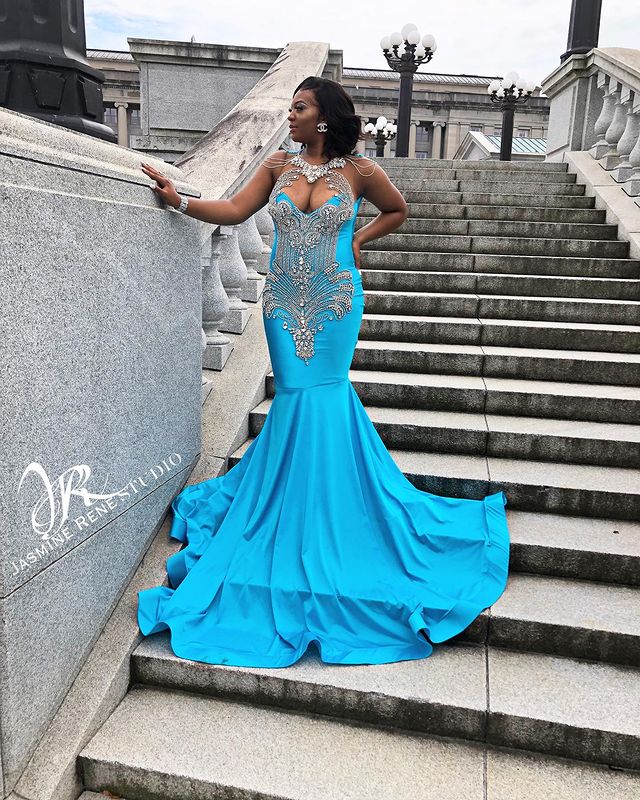 2021 Plus Size Arabic Aso Ebi Blue Luxurious Mermaid Prom Dresses Beaded Crystals Sheer Neck Evening Formal Party Second Reception Gowns ZJ322