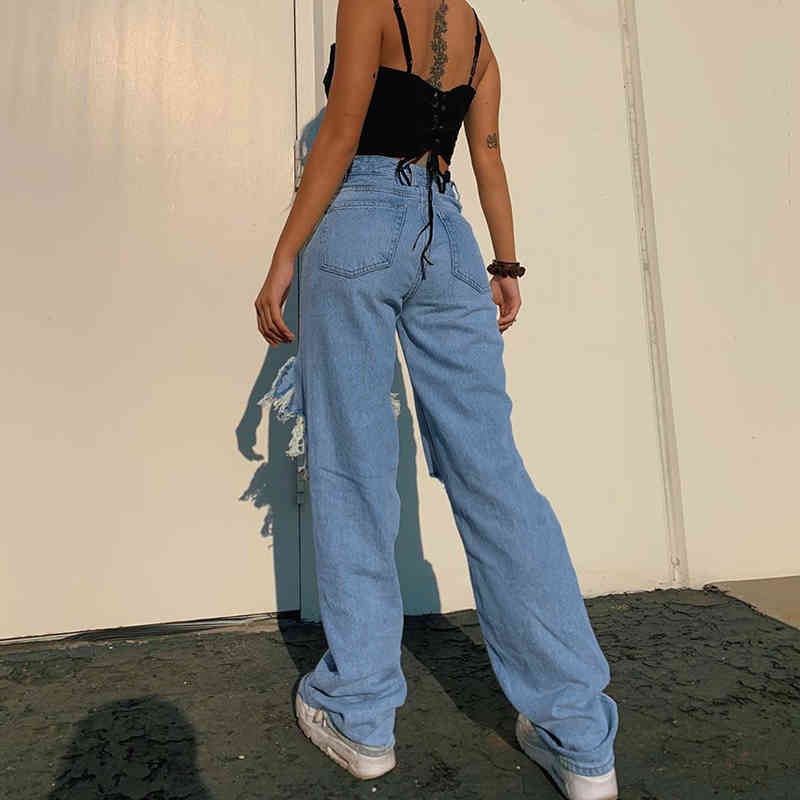 Fashion women long Jeans wide leg Ripped jeans Casual female high quality blue denim pants waist trousers 210524