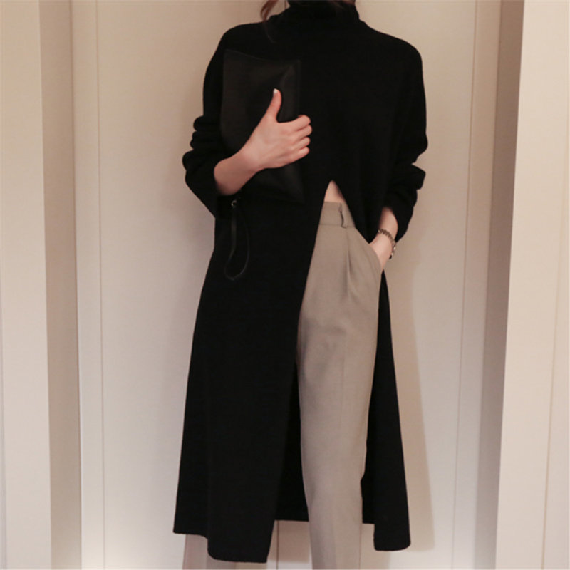 Korea Turtleneck Women Sweet High Waist Stylish Solid Brief Chic Streetwear Feminine Long Split Slender Sweaters 210421