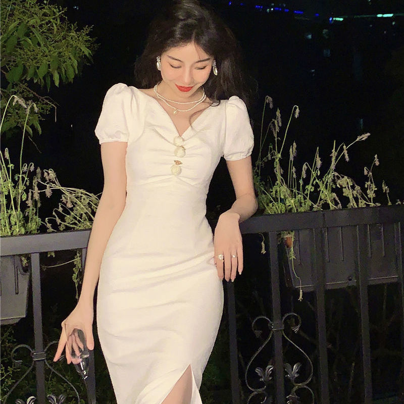 V-neck White Elegant Dress Women Short Sleeve Sexy Slim Dress Female Evening Party Dress Korean Summer Chic 210521