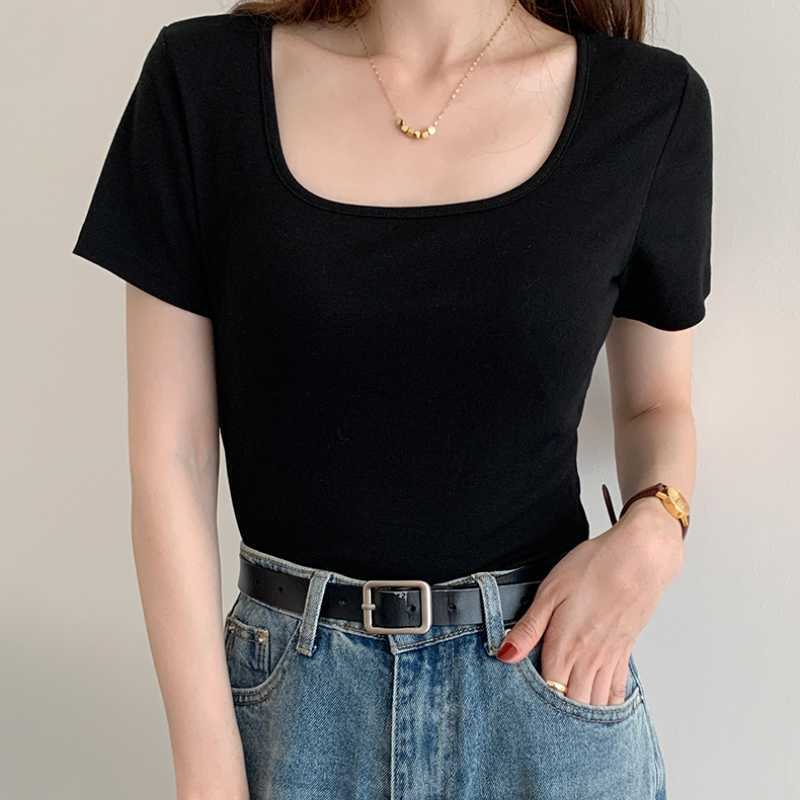 Elegant Square Collar Dew Clavicle Solid Crop Top Summer Simple All Match Short Sleeve Tshirt Women Chic Slim Bottoming Tee 210525