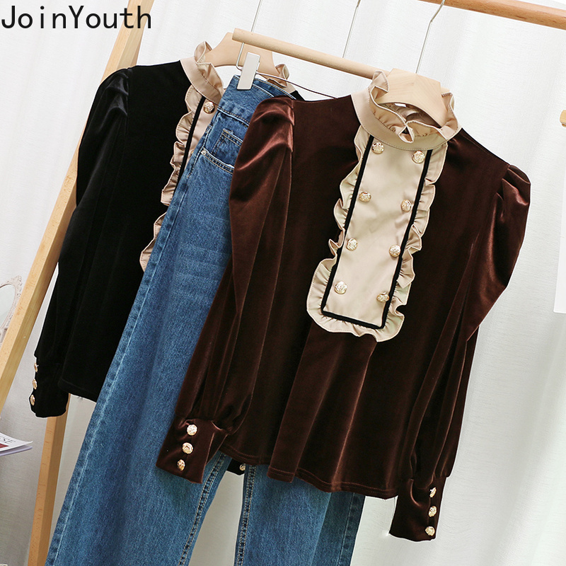 Neploe Blusas Mujer De Moda Stand Neck Ruffles Slim Blouses Women Patchwork Double-breasted Shirt Korean Chic Tops 4G302 210422