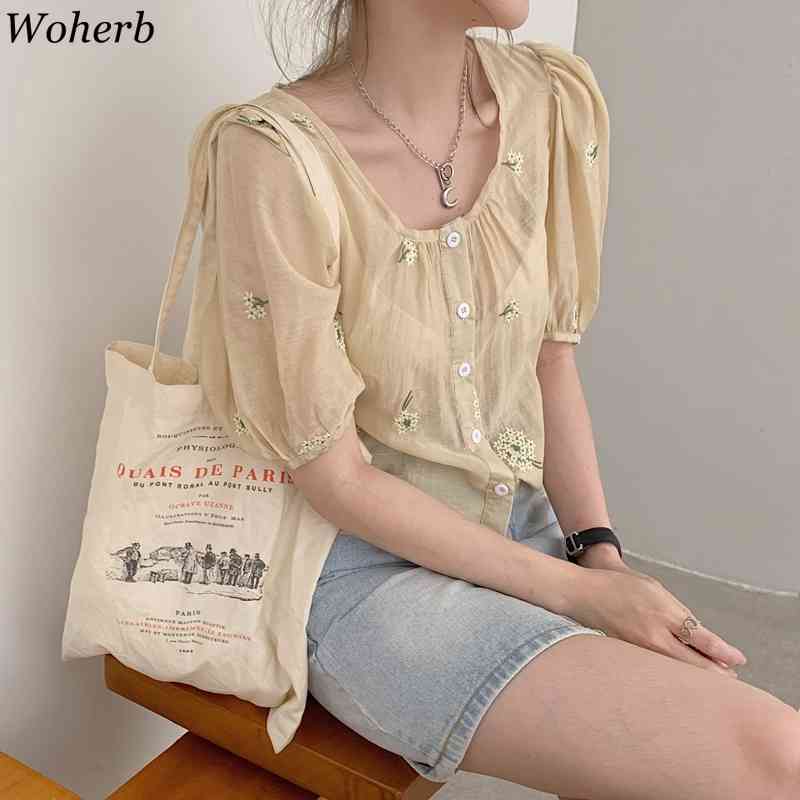 Korean Blouse Women Summer Embroidery Floral Hollow Out Shirt Puff Sleeve See Through Chic Elegant White Top 210519
