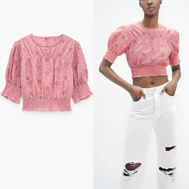 Za Embroidery Cropped Blouses Women Short Puff Sleeve Smocked Elastic Openwork Embroidered Top Pink Pleated Summer Shirt 210602
Za Embroidery Cropped Blouses Women Short Puff Sleeve Smocked Elastic Openwork Embroidered Top Pink Pleated Summer Shirt 210602