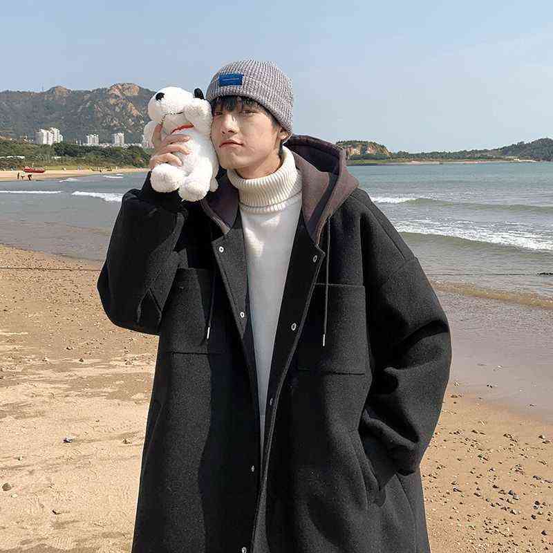 Hooded woolen coat men winter clothe thick loose casual jacket Hong Kong style Preppy handsome unisex mid-length windbreaker 211122