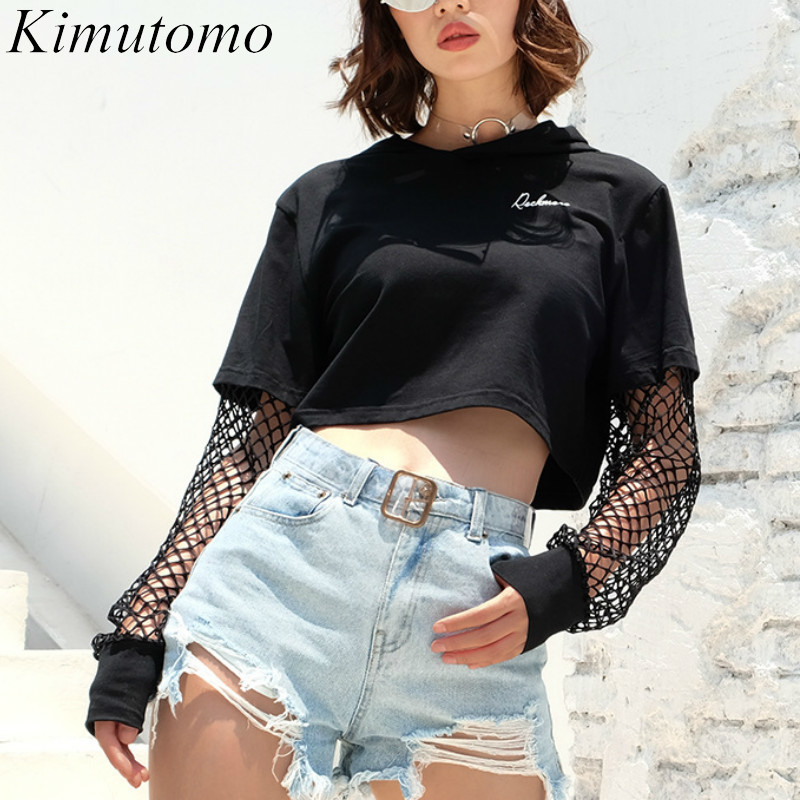 Kimutomo Women Letter Printing Hoodie Summer Female Fishnet Patchwork Long Sleeve Short Pullovers Streetwear Fashion 210521