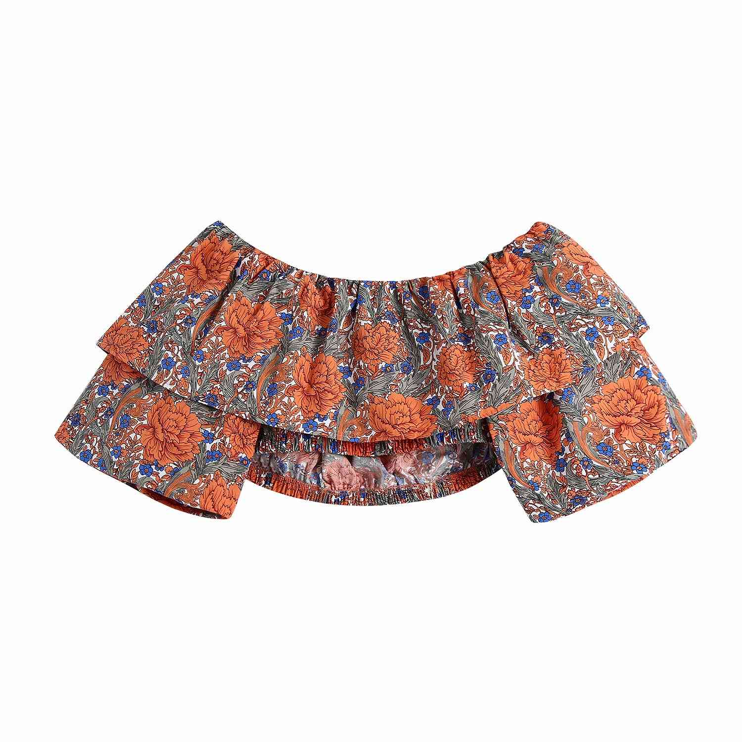 Women Print Tops Ruffled Cropped Shirt Chic Lady Fashion Casual Clothes 210517