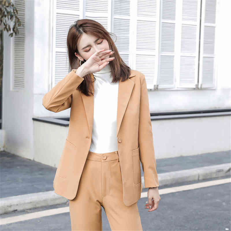 Stylish All Match Office Lady Slim Formal Blazers+High Waist Elegant Straight Pants Suits 2 Piece Sets 210421