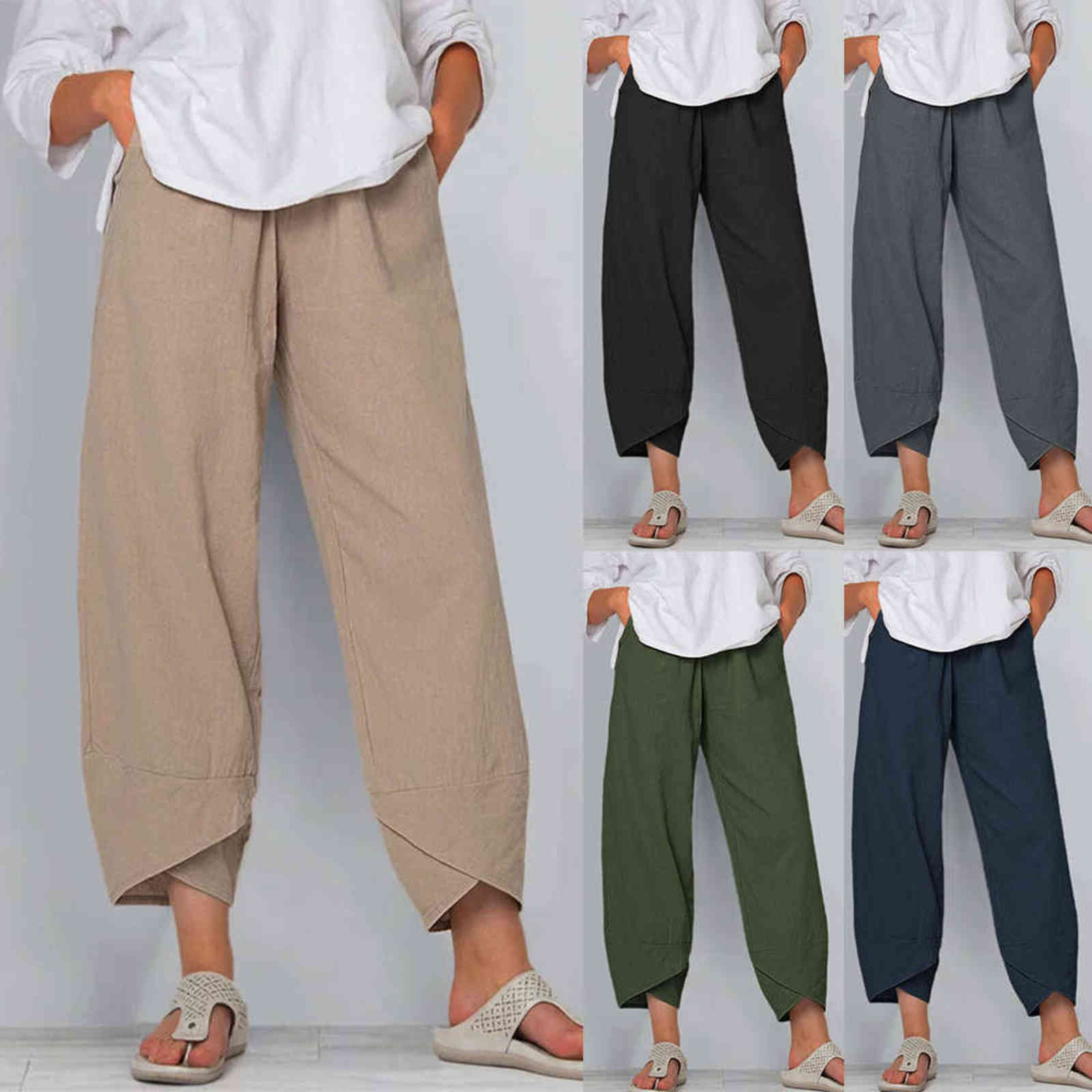 Harem Pants Women Summer Trousers Casual Elastic Waist Cotton Linen Wide Leg Loose Pantalon Clothing Plus Size 211115