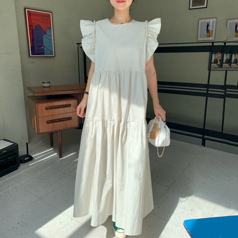 Chic Korean Summer Casual Gentle O Neck Ruffles Pleated Patchwork Loose White Big Swing Flying Sleeve Dress Women Vestido 210429