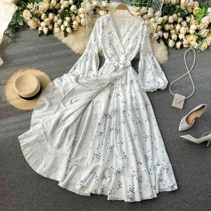 LoveFlowerLife Spring Autumn Elegant Polka Dot Floral Print Dress V Neck A Line Puff Sleeve High Waist Women Dresses 210521
