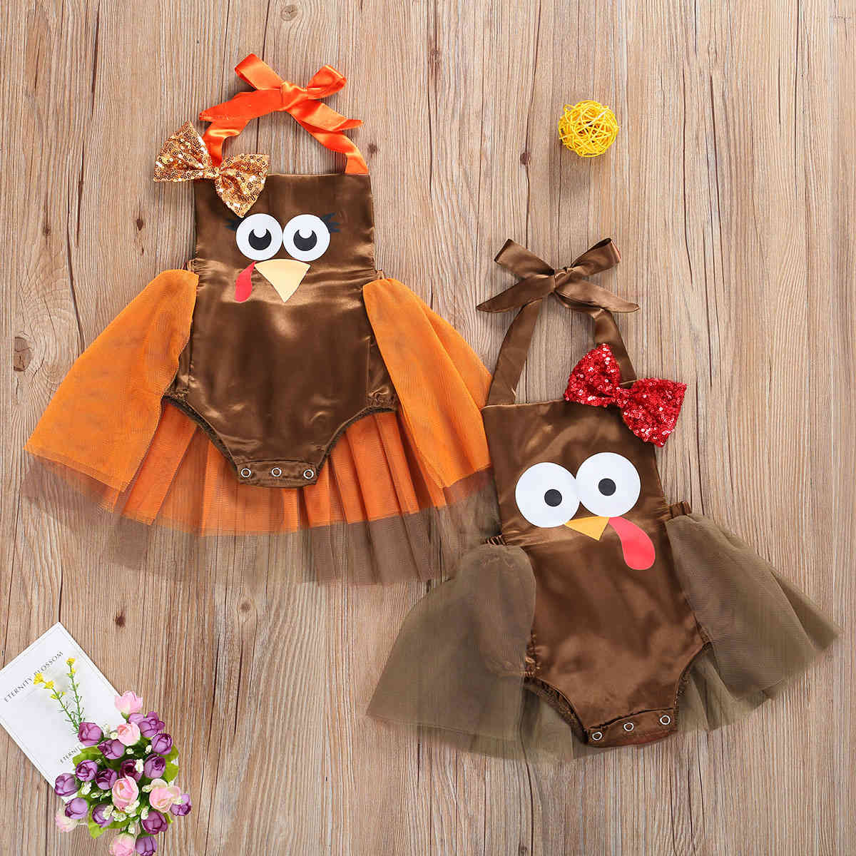 0-18M Thanksgiving Day Baby Girl Clothes born Infant Girls Sequins Tulle Romper Cartoon Turkey Party Jumpsuit 210515