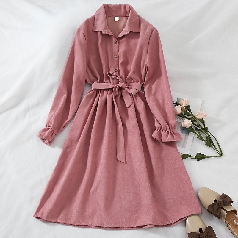LoveFlowerLife Autumn Women Ladies High Waist A-Line Dress Long Sleeve Vestidos Long Dress Tie Bow with Belt Vintage Dresses 210521