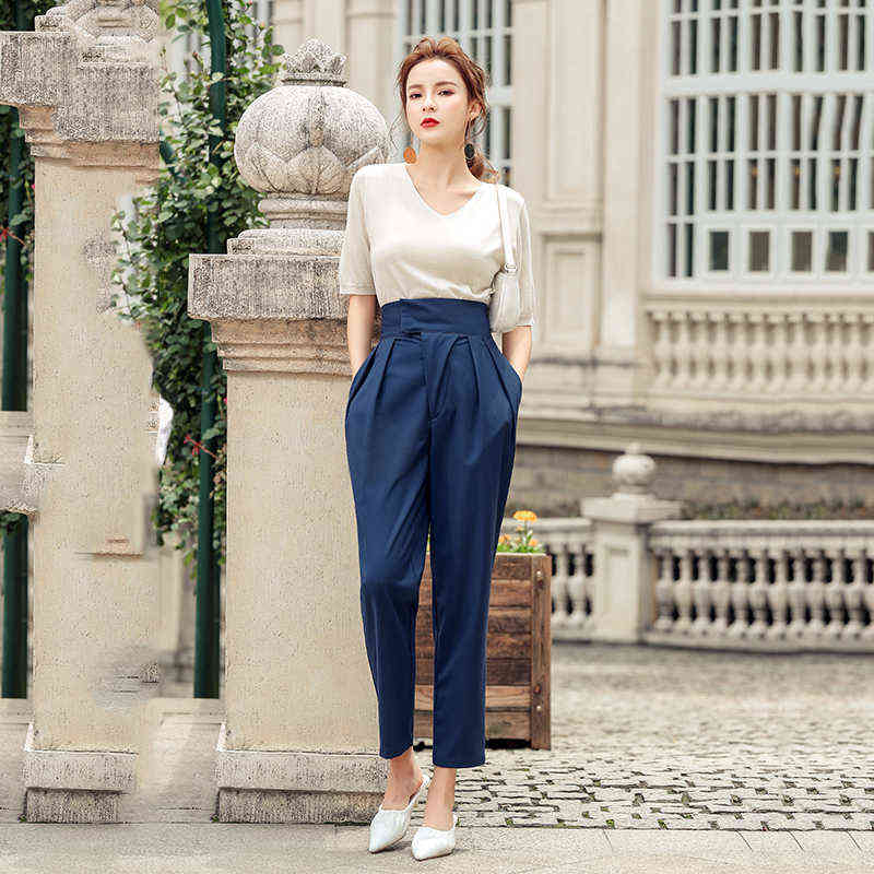 Korean style Women's harem Pants Chic OL straight high waist silk Trousers Spring Summer fashion casual Streetwear 211124