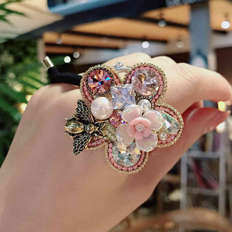 Hair Jewelry Accessories Spring and Autumn Baroque Pearl Rope Girl Head Five Petal Flower Multicolor Full Diamond Net Red Rubber Band Headdress