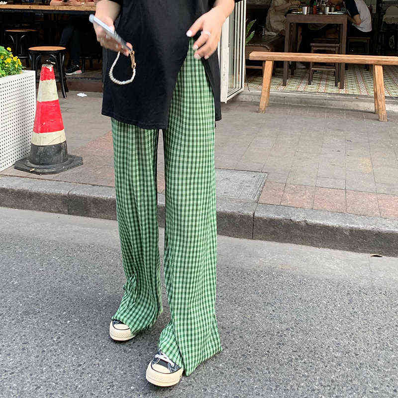 Hzirip Green Plaid Split High Waist Drape Thin Loose Fashion All-Match Women Summer Straight Pleated Casual Mopping Pants 211115