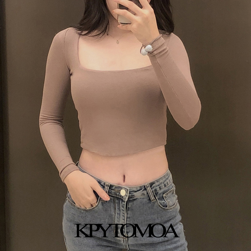 Women Chic Fashion Fitted Cropped Knitted T-Shirt Vintage Square Collar Long Sleeve Female Tops Mujer 210416
