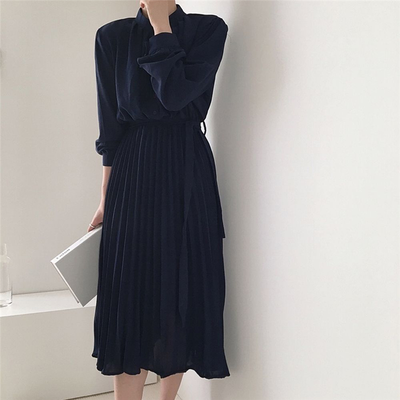Fashion Chic Stand Waist-Controlled Slim Brief Autumn Pleated Solid Elegance A-Line High Waist Women Long Dresses 210421