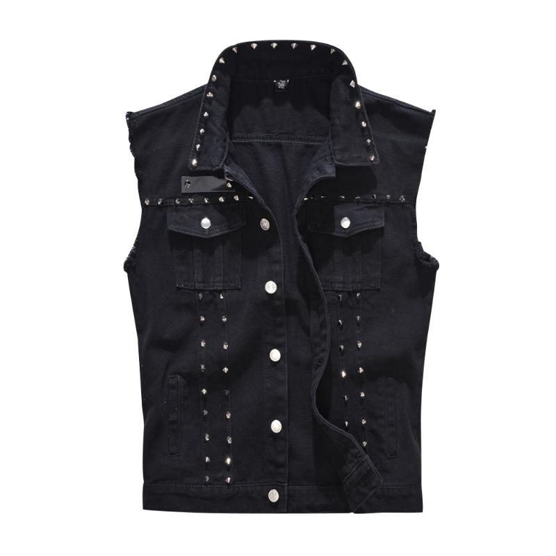 Men's Jacket Cotton Ripped Jeans Jackets Cool Rivets Black Denim Vest Single-Breasted Male Hip Hop Washed Cowboy Waistcoat